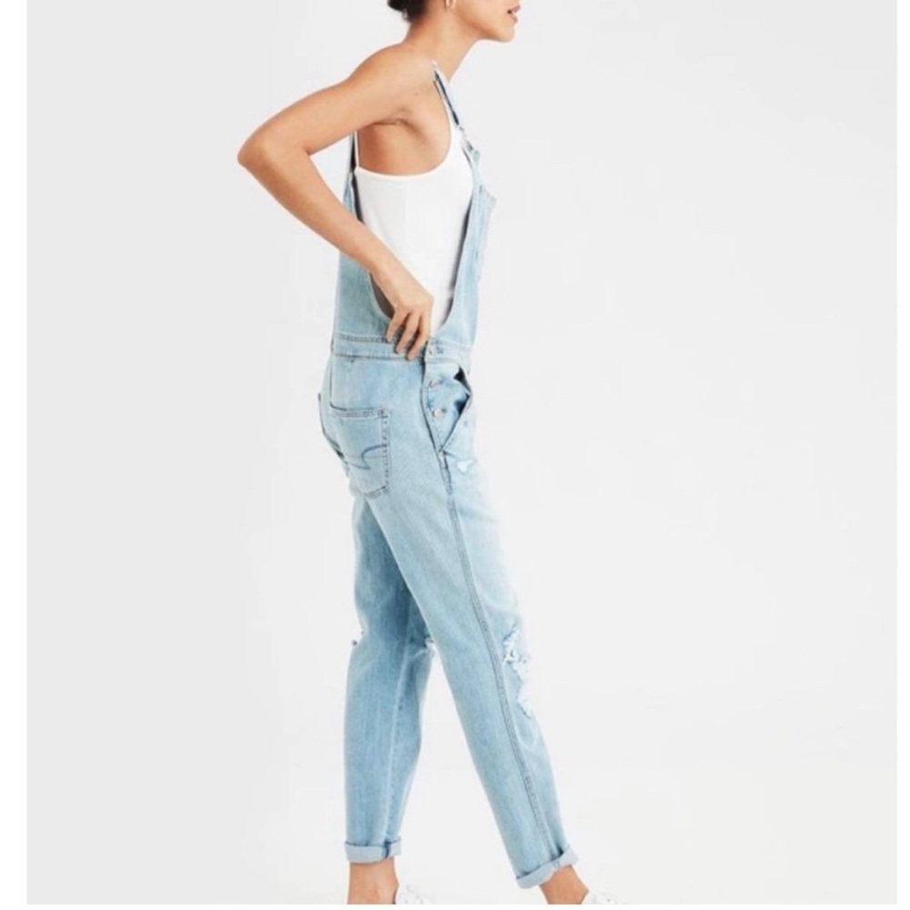 American Eagle Tomgirl Denim Overalls Distressed Light Blue XL - Picture 4 of 12